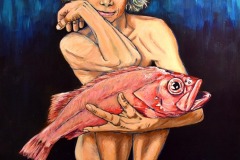 Katja mit Fisch 38 x 50 Acryl auf Steinpapier
